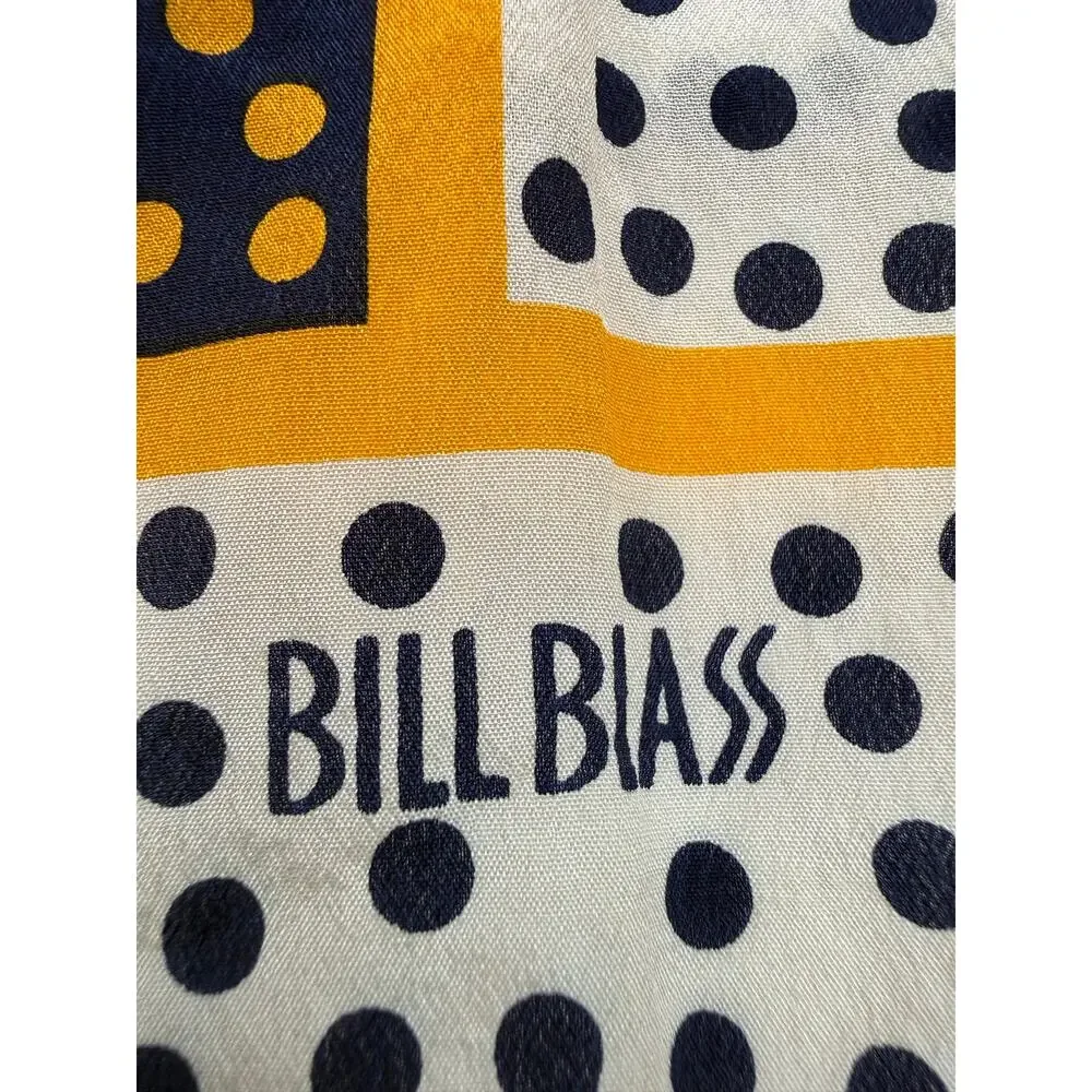Bill Blass Vintage 90s Silk Polka Dot Oblong Scarf Navy Yellow 58 x 11